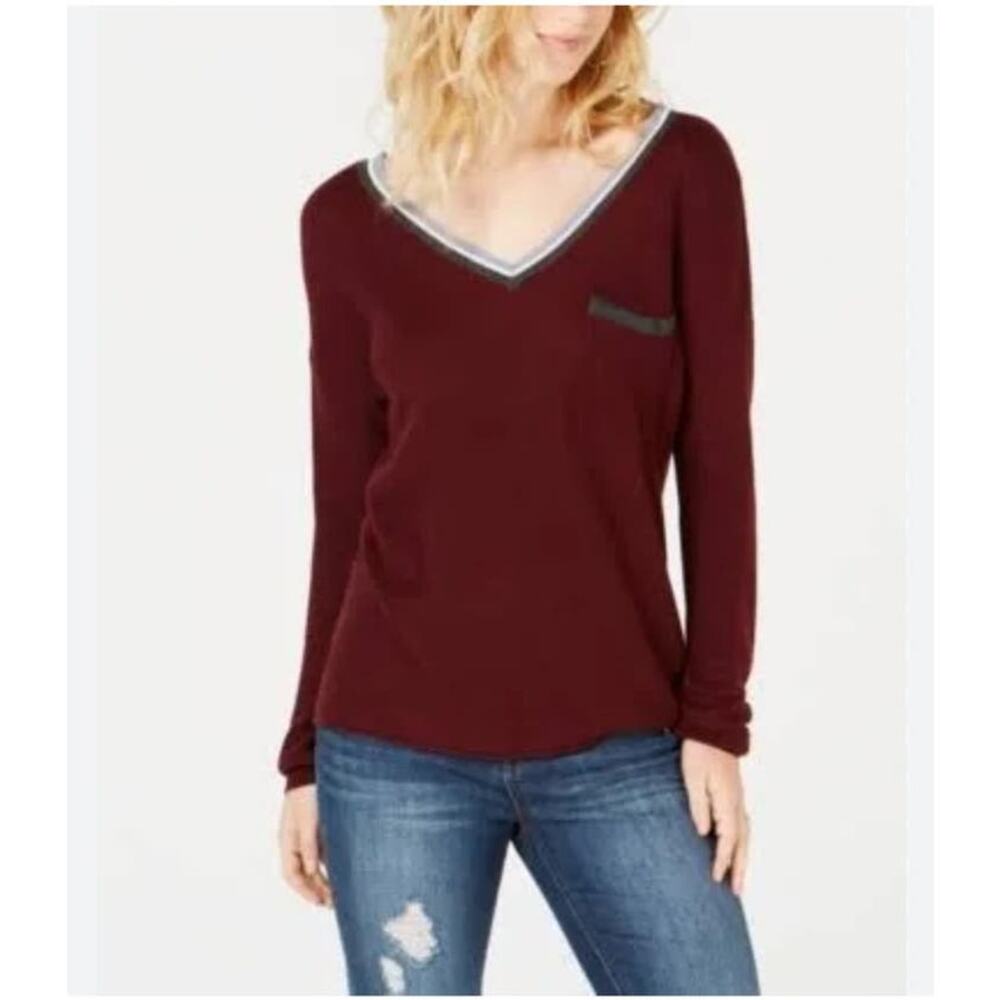 5/$65 Hippie Rose Womens Sweater Sz L Burgundy Gray White Trim Pocket V-Neck